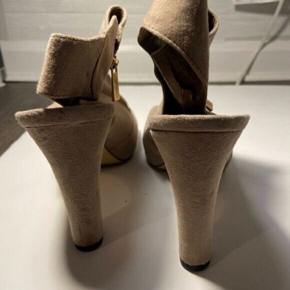 Franco Sarto Suede Tan Leather Peep Toe Chunky Heel Shoe Sandals‎ - Picture 7 of 11